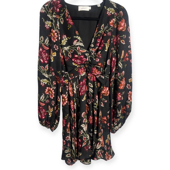 A.L.C. Annette Long Sleeve Silk Mini Dress Black Multi Color Floral Size 4 - Picture 3 of 9